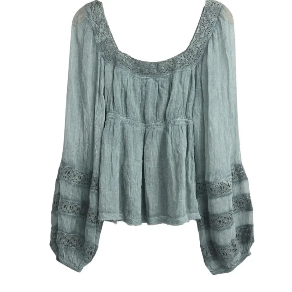 Free People Peasant Top Size Medium Moonchaser Blue Dust Mineral Puff Sleeve‎